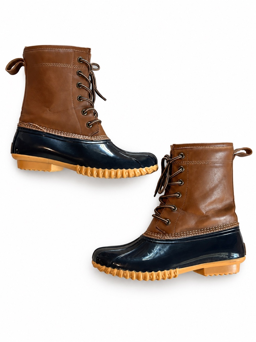 Sporto Ariel Navy Tan Duck Boots Waterproof Faux Fur Lined Winter Rain Size 8.5